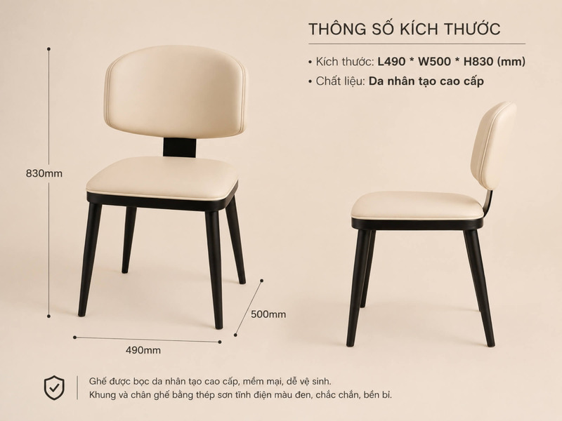 Hình ảnh minh họa kích thước chi tiết của ghế ăn BERGEN GAY33, bao gồm chiều cao tổng thể 830mm, chiều rộng 480mm và chiều…