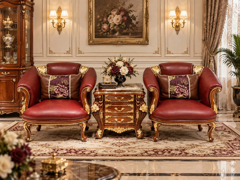 Hai ghế thư giãn FLORENCE CLASSIC GTG 8802 màu đỏ đô đặt đối xứng qua một bàn trà nhỏ trong không gian phòng khách sang tr…