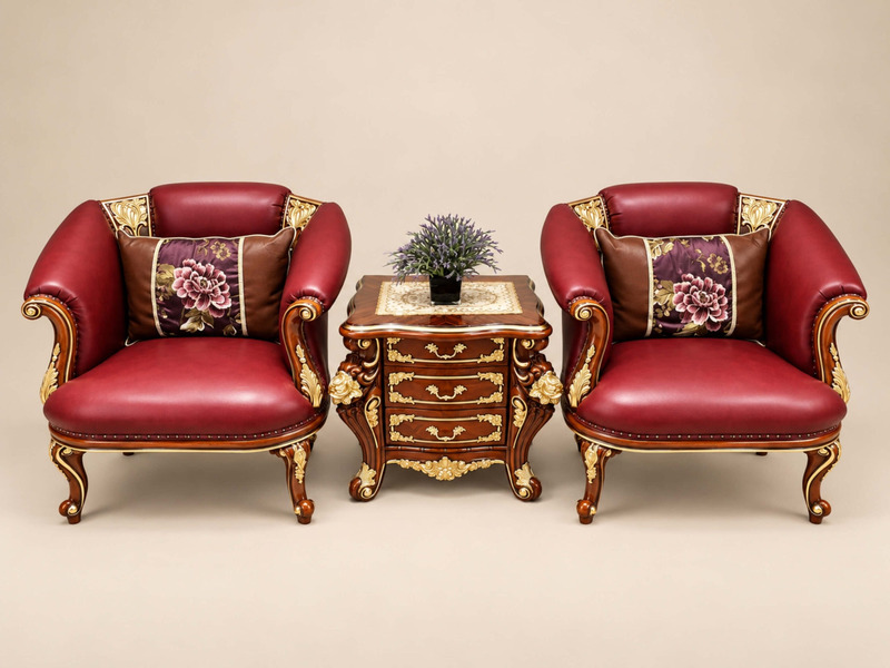 Hai ghế thư giãn FLORENCE CLASSIC GTG 8802 màu đỏ đô và một bàn phụ nhỏ đặt giữa, chụp trên nền trắng studio. Ghế có lưng…