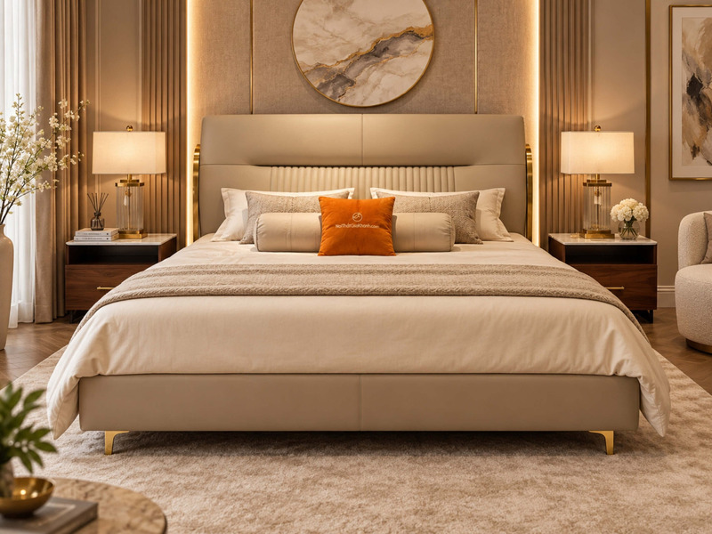 Giường ngủ GIQF918-18 nhìn từ góc hơi chếch, đặt trong không gian phòng ngủ luxury ấm cúng. Đầu giường cao, bọc da màu be…