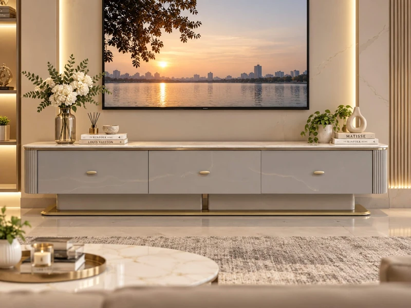 Kệ tivi Orvessa Luxury KT8801-20 đặt trong không gian phòng khách hiện đại, sang trọng. Kệ có màu be nhạt, mặt đá phiến Pa…