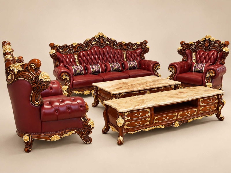 Bộ sofa CRIMSON EMPEROR cùng bàn trà mặt đá và kệ tivi, chụp từ góc thấp, nhấn mạnh vào sự bề thế và vững chãi của từng sả…