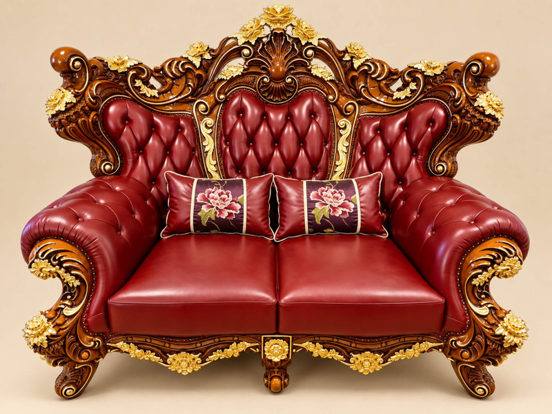 Sofa băng đôi phong cách tân cổ điển, chụp chính diện. Ghế bọc da bò màu đỏ đô sang trọng, tựa lưng rút múi, tay vịn và kh…
