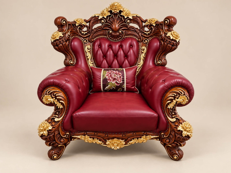 Ghế sofa đơn tân cổ điển, chụp chính diện. Ghế bọc da bò thật màu đỏ đô, tựa lưng cao và tay vịn uốn lượn, khung gỗ Gõ Đỏ…