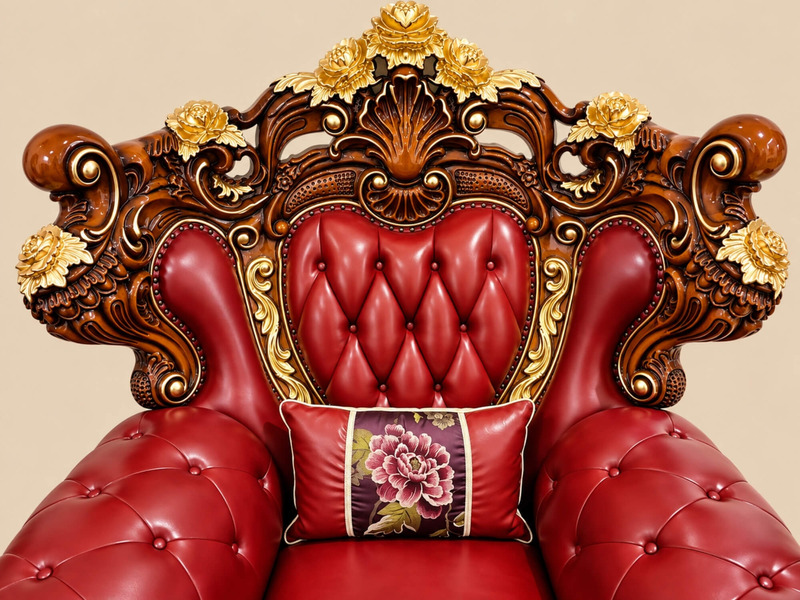 Cận cảnh phần tựa lưng và tay vịn của ghế sofa đơn, chụp từ góc hơi nghiêng. Nổi bật là các chi tiết chạm khắc hoa văn tin…