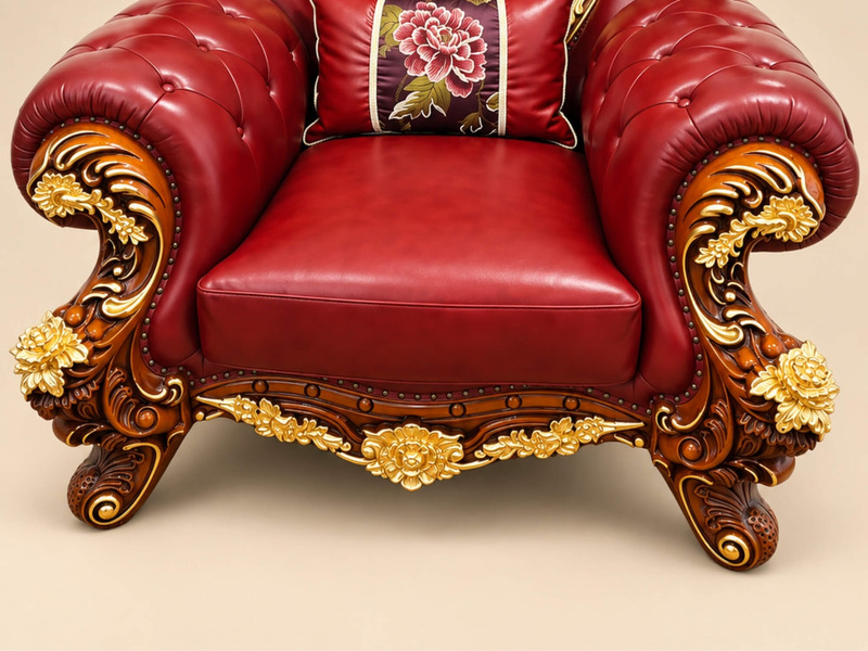 Cận cảnh phần chân ghế và gầm ghế sofa đơn, chụp từ góc thấp. Chân ghế được chạm khắc hoa văn cầu kỳ, mạ vàng trên nề…