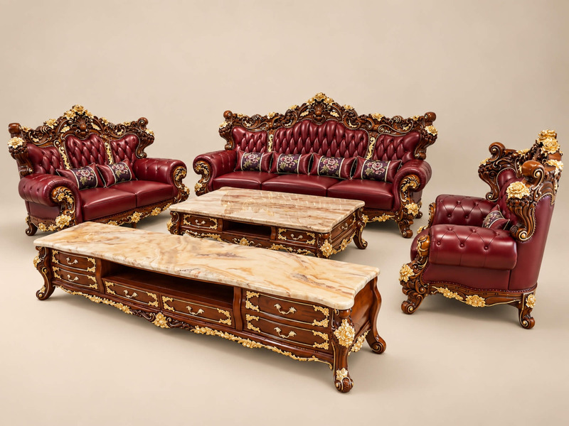 Góc chụp chính diện cận cảnh bộ sofa CRIMSON EMPEROR, bàn trà và kệ tivi. Sofa bọc da bò màu đỏ đô với các nút rút sâu, kh…
