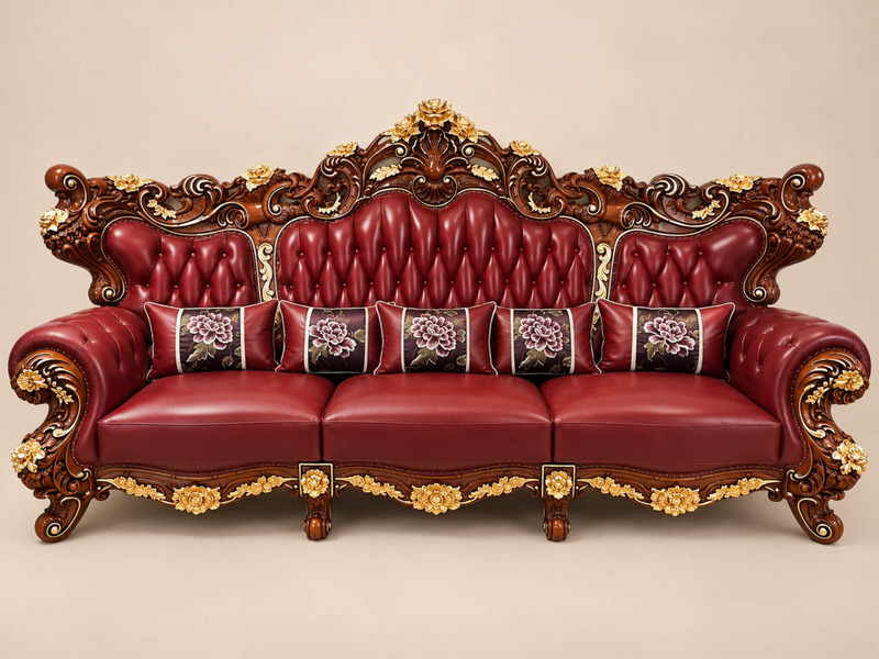 Sofa băng dài 3 chỗ ngồi của bộ CRIMSON EMPEROR, nhìn từ góc cận, tập trung vào phần lưng tựa và tay vịn. Lớp da bò thật m…