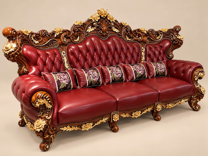 Góc cận của sofa băng dài CRIMSON EMPEROR, làm nổi bật chất liệu da bò màu đỏ đô mềm mại với các nút rút sâu đều đặn. Phần…