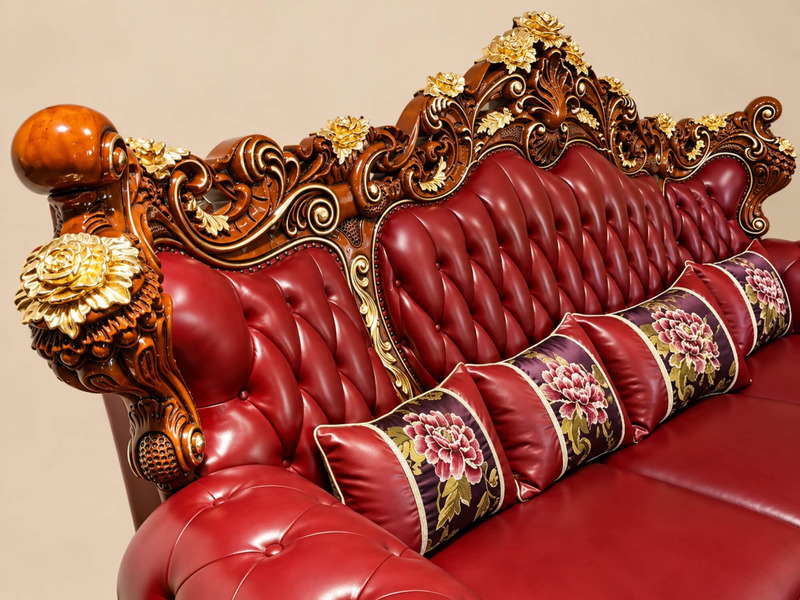 Chi tiết tay vịn và lưng tựa của sofa CRIMSON EMPEROR, nhìn từ góc cận. Tay vịn được chạm khắc hình hoa hồng và lá dát vàn…