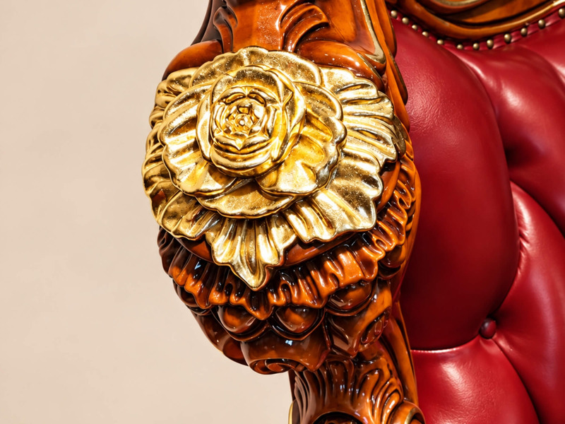 Chi tiết tay vịn sofa CRIMSON EMPEROR, nổi bật với hình hoa hồng chạm khắc tinh xảo và mạ vàng trên nền gỗ gõ đỏ. Các…