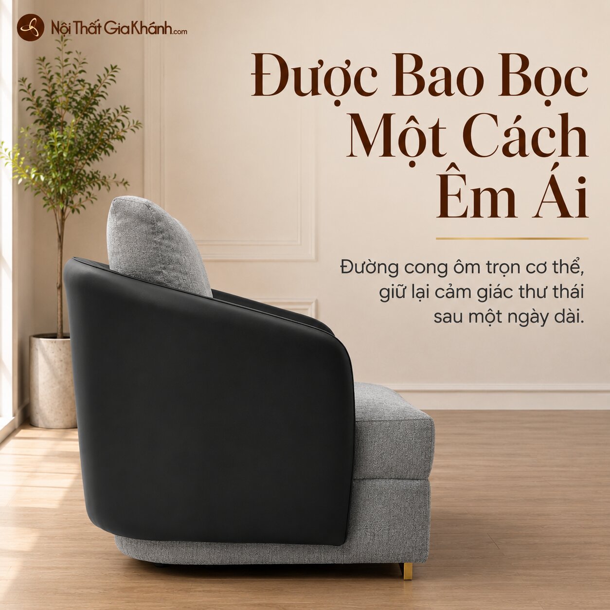 Sofa đơn Cove GV002 chụp nghiêng, làm nổi bật thiết kế ôm trọn cơ thể, mang lại cảm giác êm ái và thư thái. Ghế bọc vải mà…