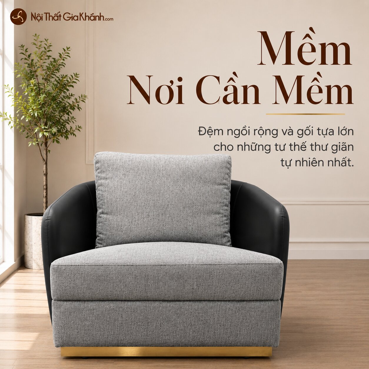 Sofa đơn Cove GV002 nhìn trực diện, nhấn mạnh sự mềm mại và đàn hồi của đệm ngồi, mang lại trải nghiệm thư giãn tối ưu. Gh…