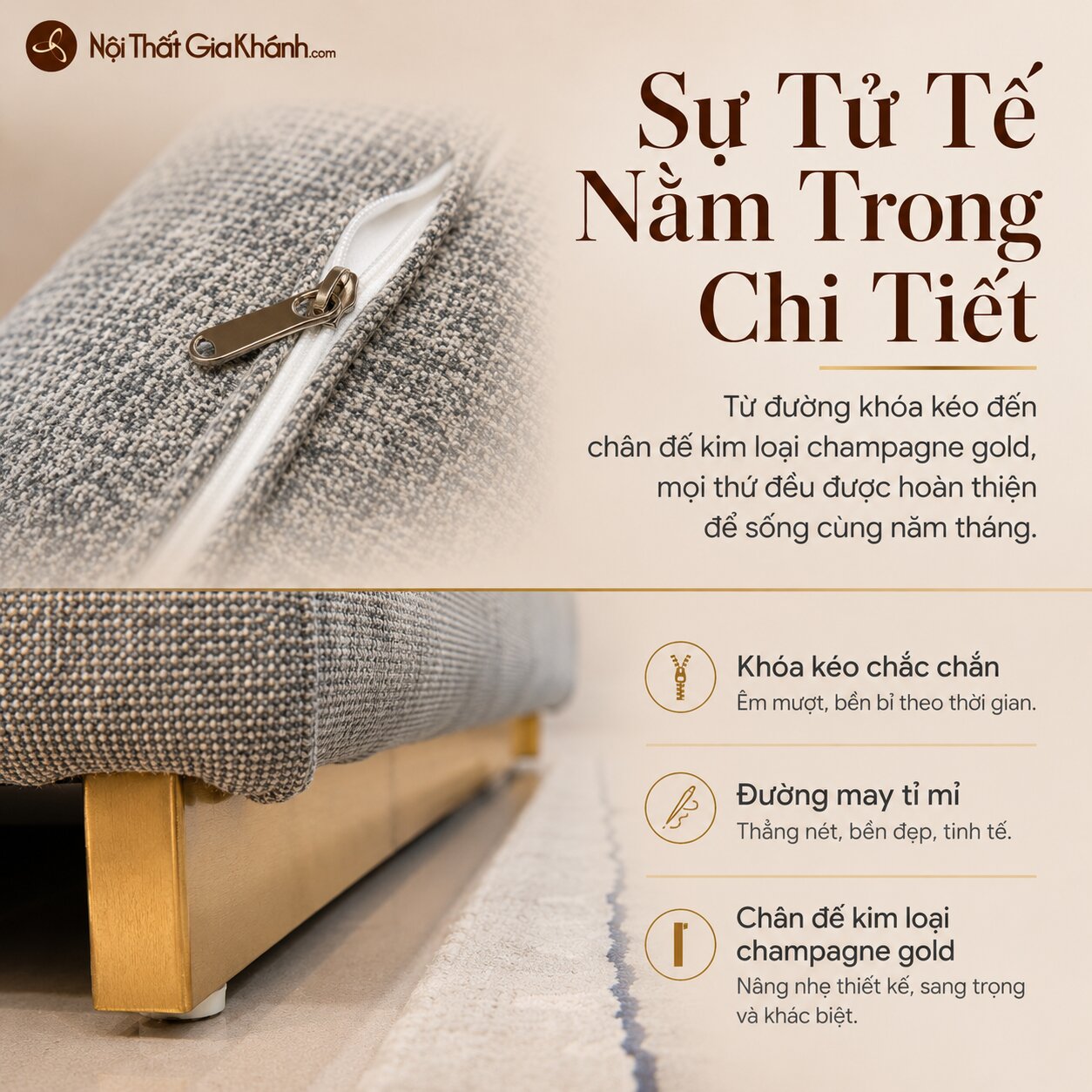 Cận cảnh các chi tiết tinh tế của sofa Cove GV002, bao gồm chân kim loại mạ champagne gold sáng bóng và đường may tỉ mỉ tr…