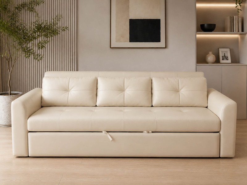 Sofa giường Lamia C1004 màu kem nhạt, chụp chính diện trong trạng thái sofa ba chỗ ngồi. Sản phẩm có thiết kế hiện đại, đư…
