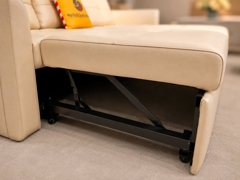 Cận cảnh chi tiết cơ chế kéo trượt của sofa giường Lamia C1004. Khung kim loại màu đen và bánh xe được thiết kế chắc chắn…