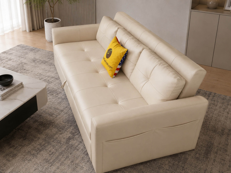 Sofa giường Lamia C1004 màu kem được chụp từ góc nghiêng phía sau, cho thấy quá trình chuyển đổi từ sofa sang giường. Phần…