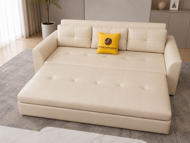 Sofa giường Lamia C1004 màu kem đã hoàn toàn mở ra thành một chiếc giường đôi rộng rãi, chụp từ góc cao. Bề mặt đệm phẳng…
