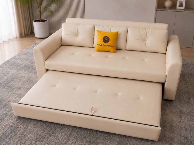 Góc chụp thấp, cận cảnh quá trình kéo phần đệm phụ của sofa giường Lamia C1004 màu kem ra phía trước để biến thành giường…