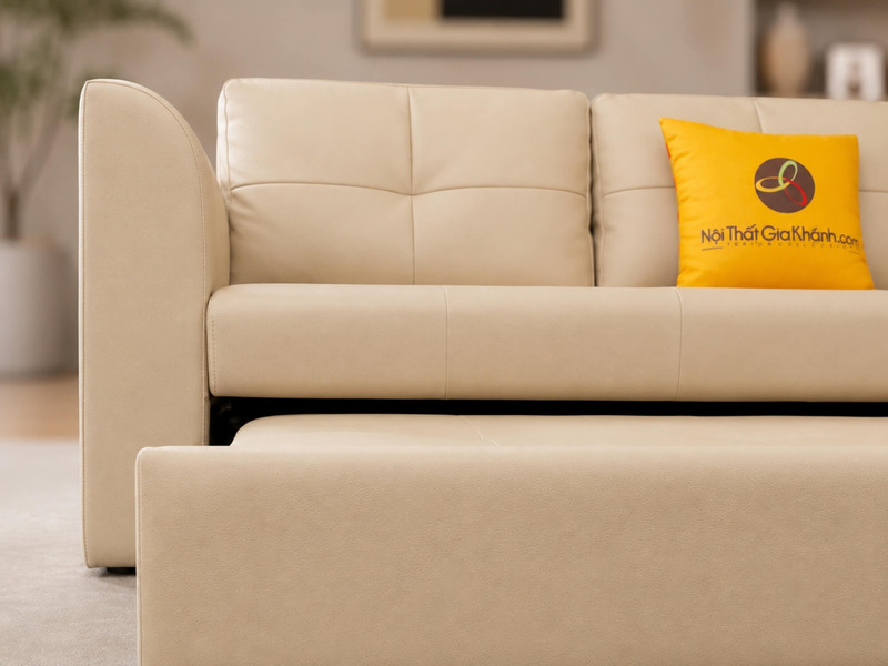 Cận cảnh phần chân và cơ chế kéo của sofa giường Lamia C1004 màu kem. Khung kim loại màu đen chắc chắn hỗ trợ phần đệm phụ…