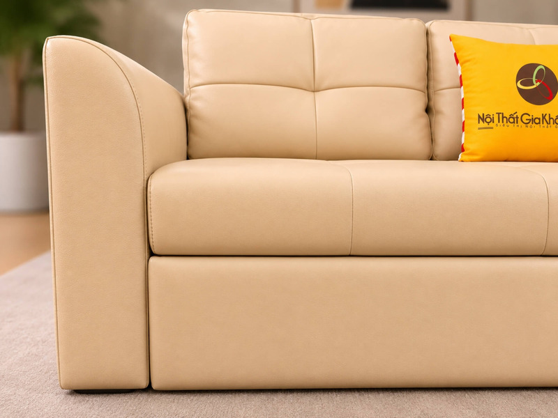 Cận cảnh tay vịn và phần đệm ngồi của sofa giường Lamia C1004 màu kem. Chất liệu bọc mịn màng, đường may tinh tế, tạo cảm…