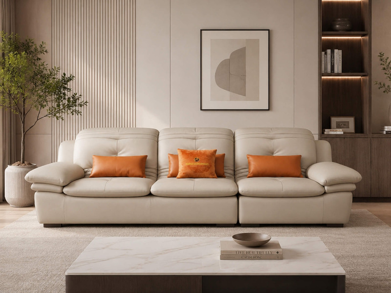 Sofa băng NEROX màu kem nhạt, bọc da cao cấp, đặt trong phòng khách hiện đại. Góc chụp chính diện, làm nổi bật thiết kế đệ…