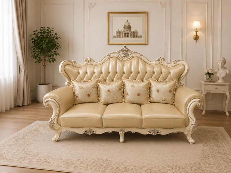 Ghế sofa băng ba VALERION được chụp chính diện, nổi bật với lớp da màu kem mịn màng và các gối tựa lưng nhỏ họa tiết hoa v…