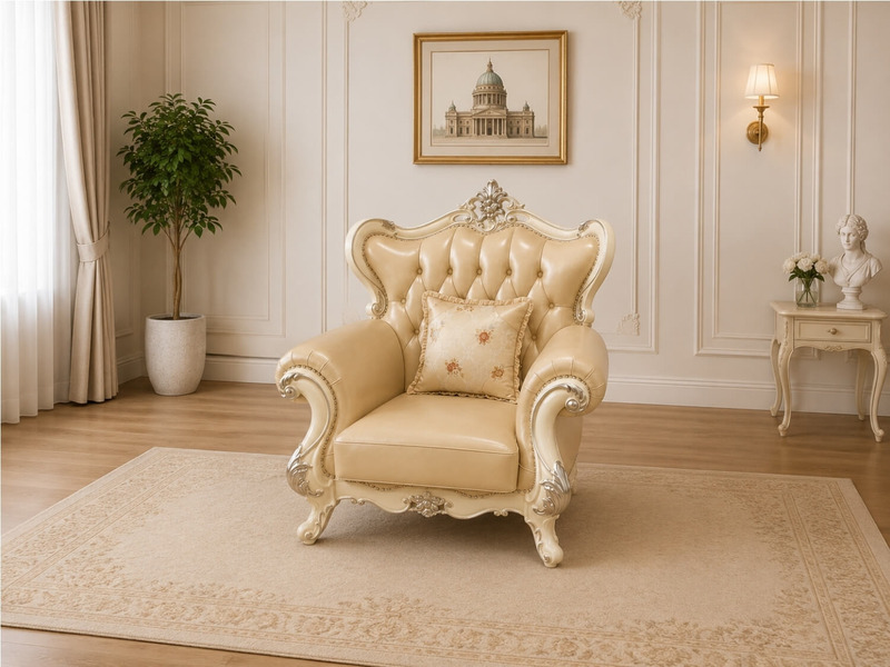 Ghế sofa băng đơn VALERION được chụp chính diện, thể hiện rõ đường nét uốn lượn mềm mại và chi tiết chạm khắc tinh xảo trê…