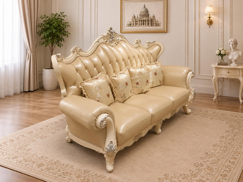 Ghế sofa băng ba VALERION được chụp từ góc hơi nghiêng, làm nổi bật phần tay vịn uốn lượn mềm mại và các chi tiết đinh tán…