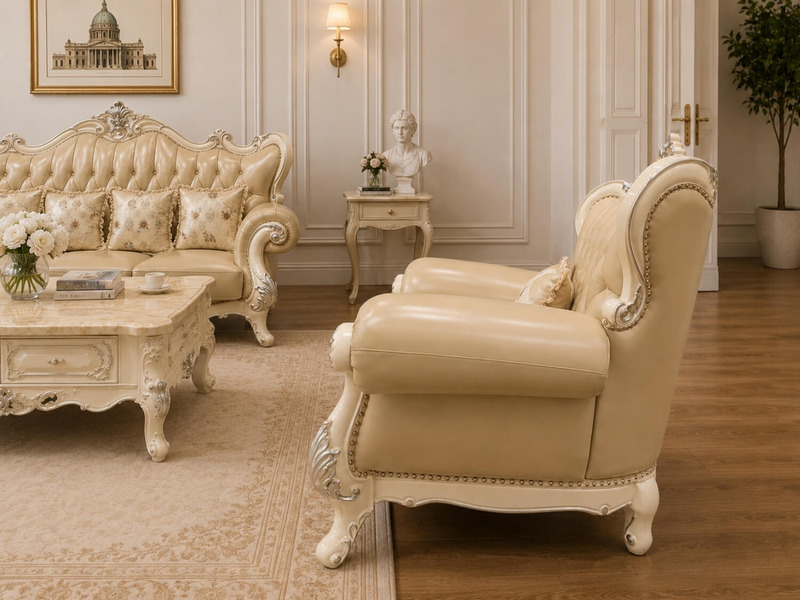 Bộ sofa VALERION được chụp từ góc thấp, tập trung vào ghế băng ba và bàn trà mặt đá marble. Ghế bọc da màu kem, khung gỗ c…
