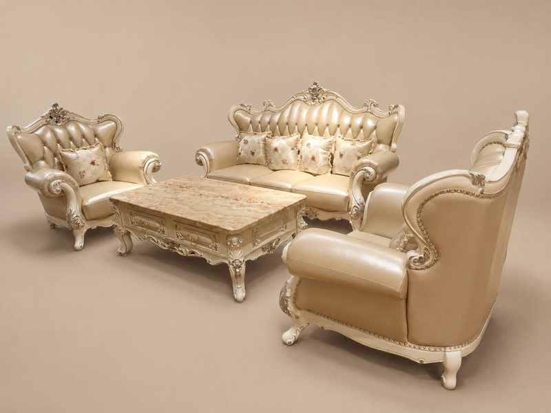 Toàn bộ bộ sofa VALERION được chụp từ góc nhìn trên cao, thể hiện rõ sự sắp xếp của hai ghế băng đơn và một ghế băng ba. G…
