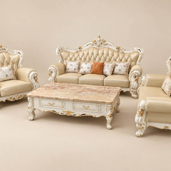 Bộ sofa VERSALÉON chụp từ góc chính diện, gồm một băng 3, một băng 2, hai ghế đơn và bàn trà mặt đá. Sản phẩm nổi bật với…