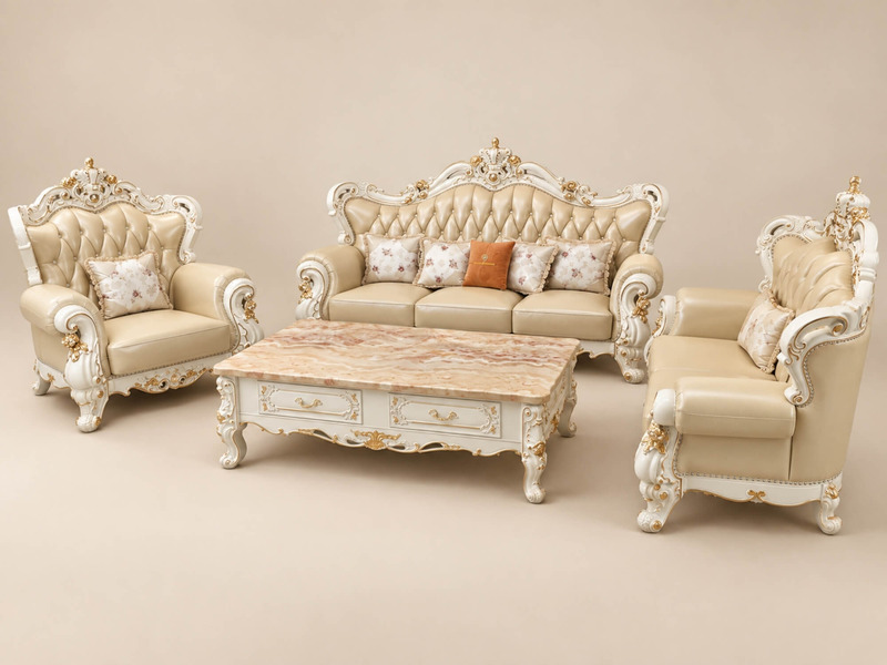 Bộ sofa VERSALÉON chụp từ góc chính diện, gồm một băng 3, một băng 2, hai ghế đơn và bàn trà mặt đá. Sản phẩm nổi bật với…