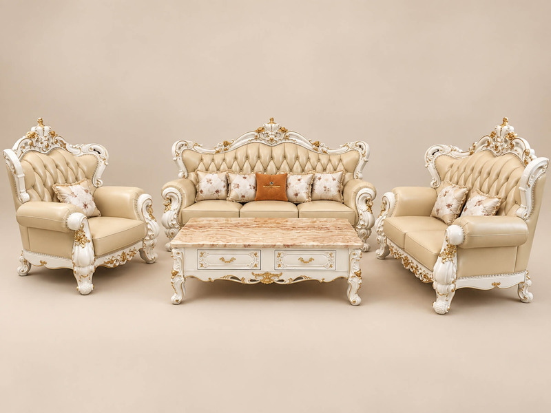 Bộ sofa VERSALÉON hoàn chỉnh gồm một băng 3, một băng 2, hai ghế đơn và bàn trà mặt đá, được chụp trên phông nền trắng. Hì…