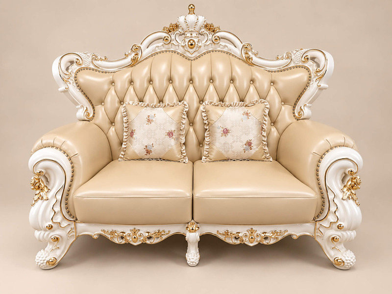 Ghế sofa băng 2 chỗ ngồi VERSALÉON, chụp chính diện, với lưng tựa rút múi và các gối tựa nhỏ họa tiết hoa văn cổ điển. Khu…