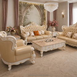 Bộ sofa Vương Miện SB968-123 màu kem nhạt, bao gồm một băng 3, một băng 2, hai ghế đơn và bàn trà mặt đá. Bộ sản phẩm được…