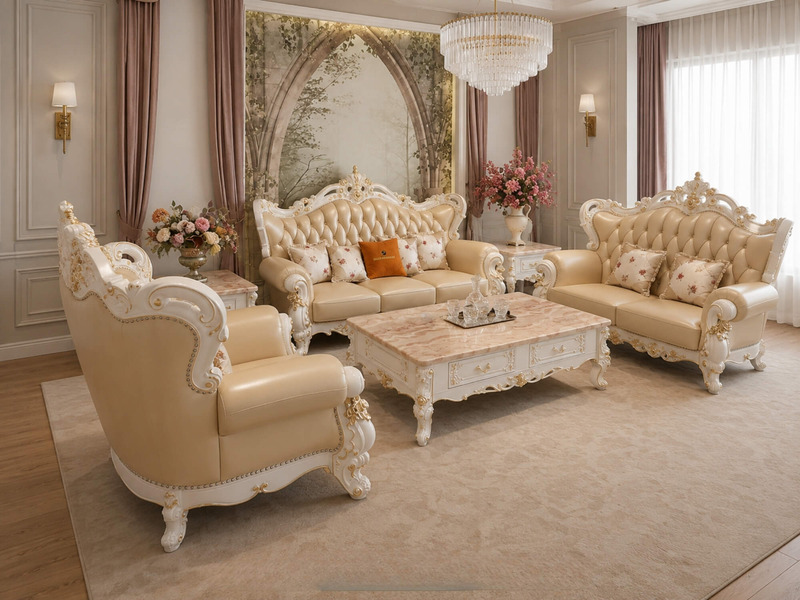 Bộ sofa Vương Miện SB968-123 màu kem nhạt, bao gồm một băng 3, một băng 2, hai ghế đơn và bàn trà mặt đá. Bộ sản phẩm được…