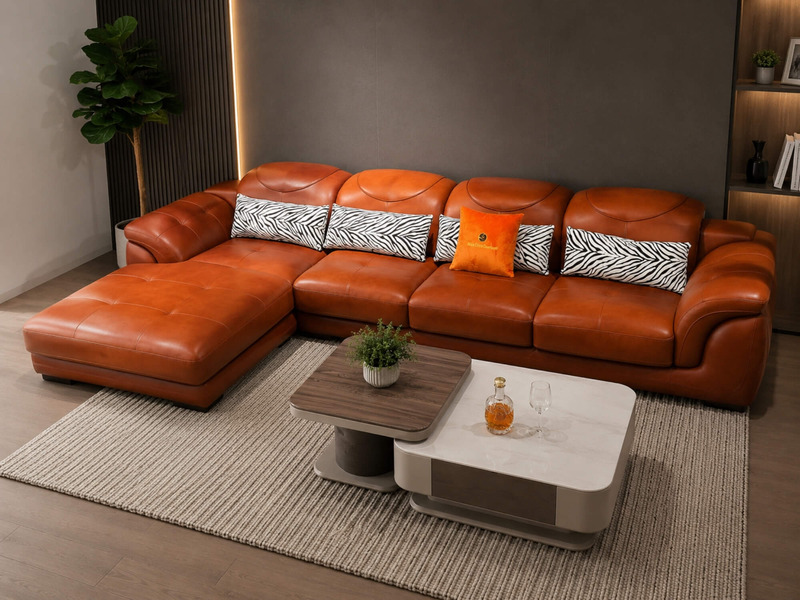 Sofa góc chữ L bọc da màu nâu cam, chụp từ góc hơi chếch, cho thấy tổng thể bộ sofa với các đường may tinh tế trên bề mặt…