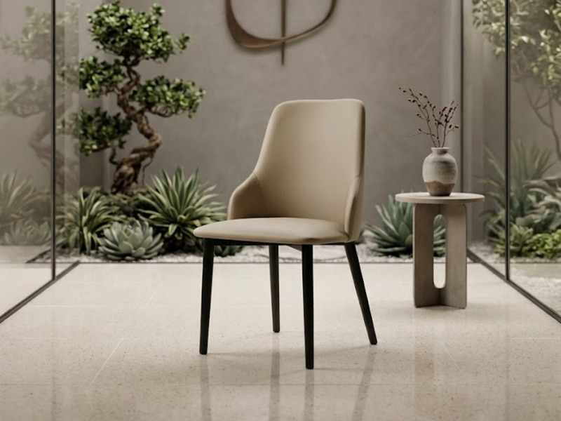 Ghế ăn hiện đại GAA-525 được chụp chính diện, đặt trong không gian phòng ăn mở với sân vườn xanh mát. Ghế có thiết kế tối…