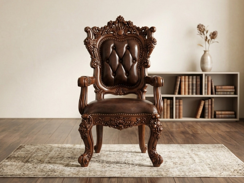 Ghế ăn có tay phong cách tân cổ điển, chụp chính diện trong không gian phòng ăn hoặc phòng khách. Ghế có khung gỗ sồi OAK…