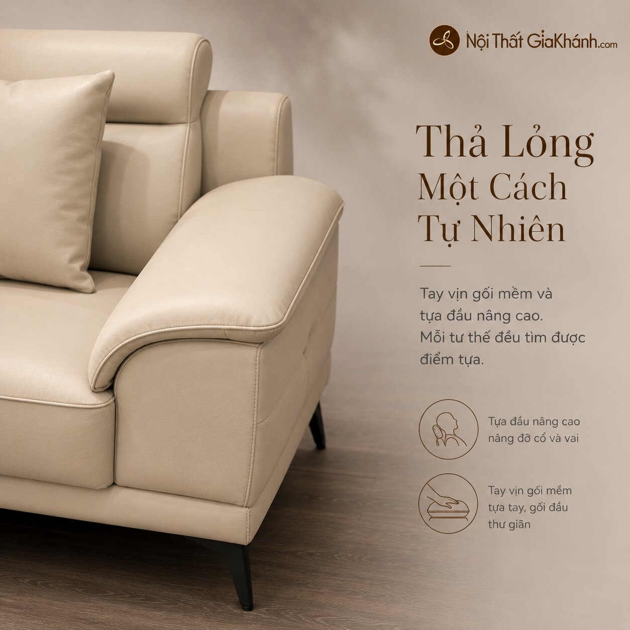 Cận cảnh bề mặt da màu kem của sofa Belluno SB01, với đường may tinh tế và chất liệu da mềm mại, mang lại cảm giác thư giã…