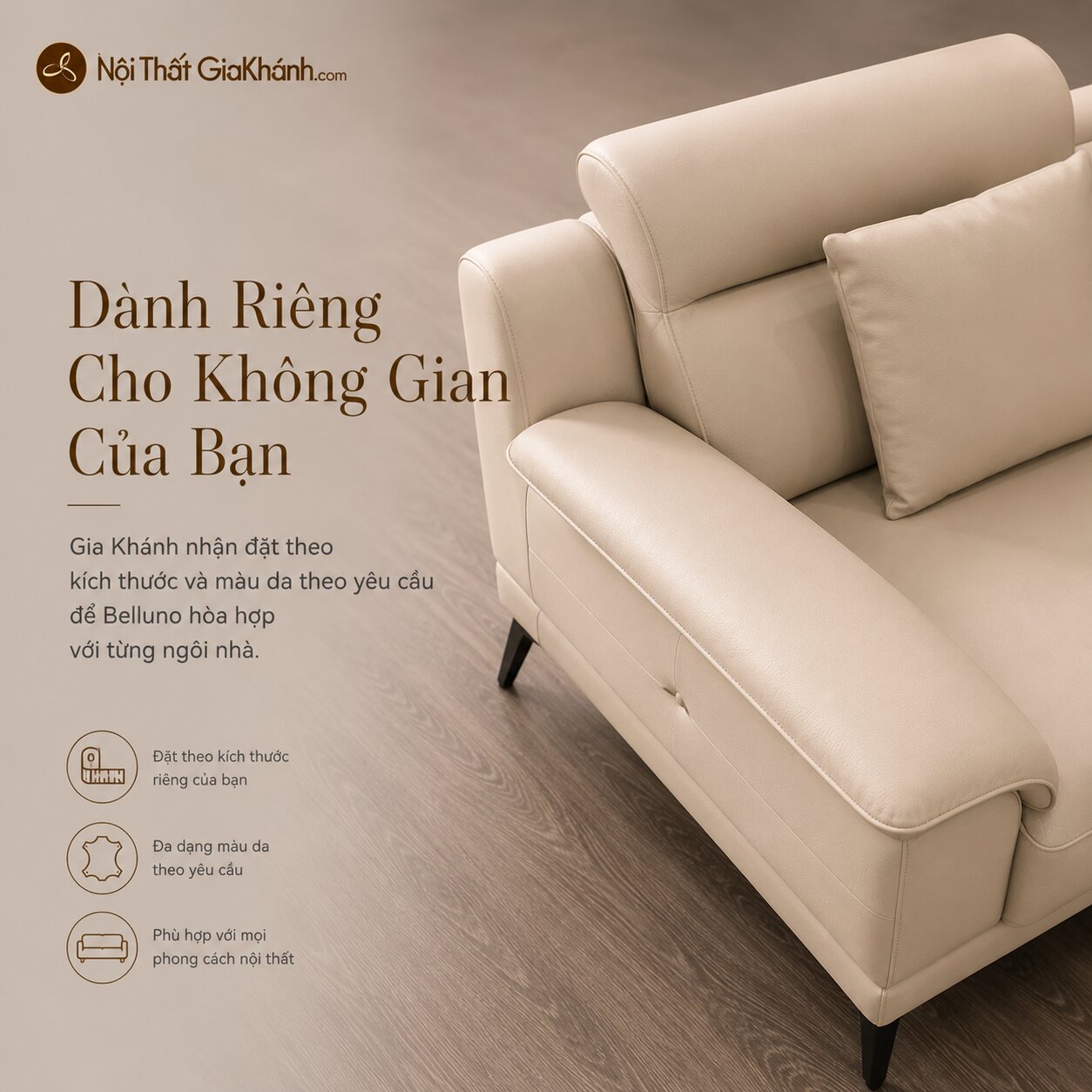 Góc chụp cận cảnh phần tựa lưng và tay vịn của sofa Belluno SB01, bọc da màu kem, với thiết kế bo tròn mềm mại, tạo không…