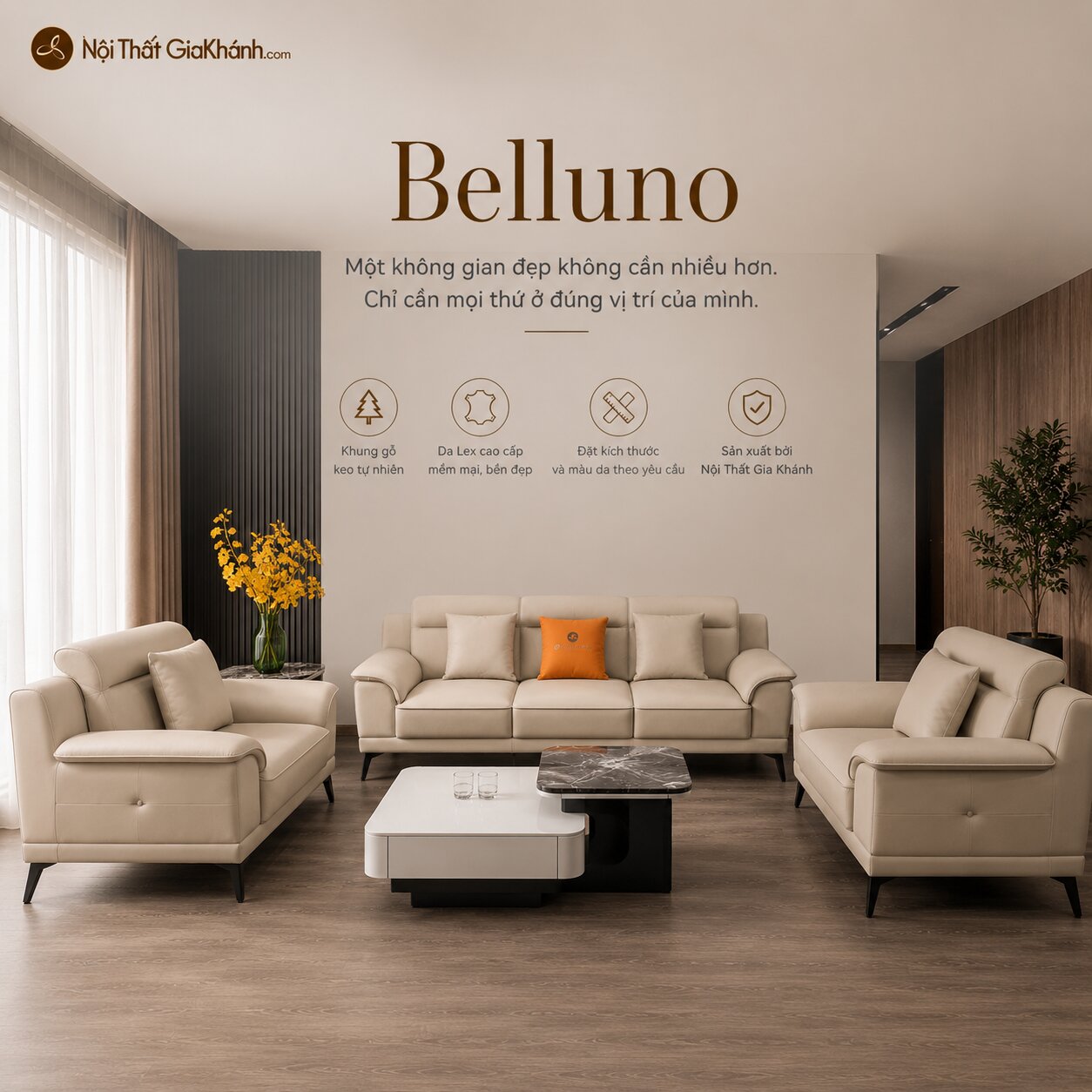 Bộ sofa da băng Belluno SB01 màu kem nhạt, gồm một sofa băng dài và hai sofa đơn, được bố trí trong phòng khách hiện đại v…