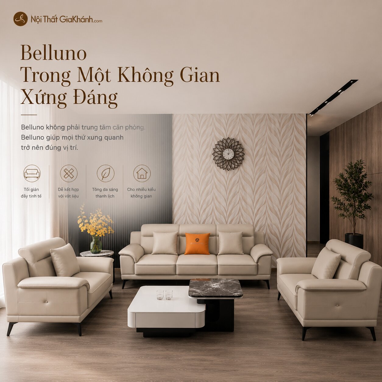 Toàn cảnh bộ sofa da Belluno SB01 màu be sữa, đặt trong không gian phòng khách rộng rãi với tường ốp họa tiết 3D và sàn gỗ…