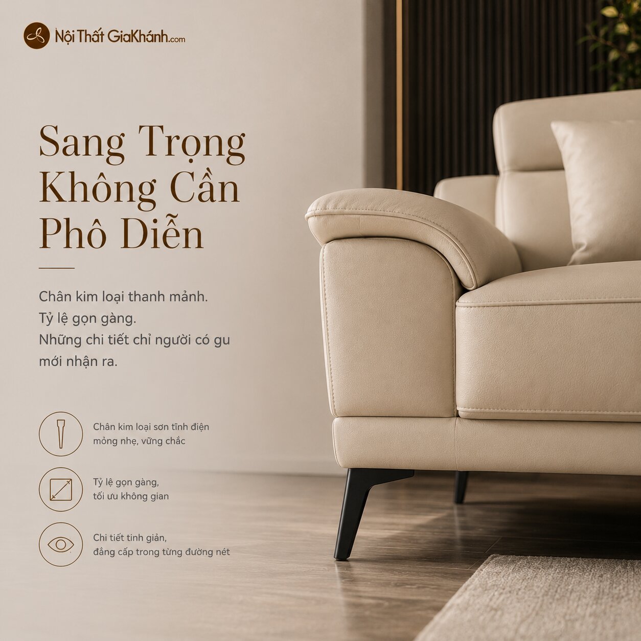 Hình ảnh cận cảnh tay vịn và chân ghế của sofa Belluno SB01, nổi bật với lớp da cao cấp màu kem mịn màng và đường may tinh…