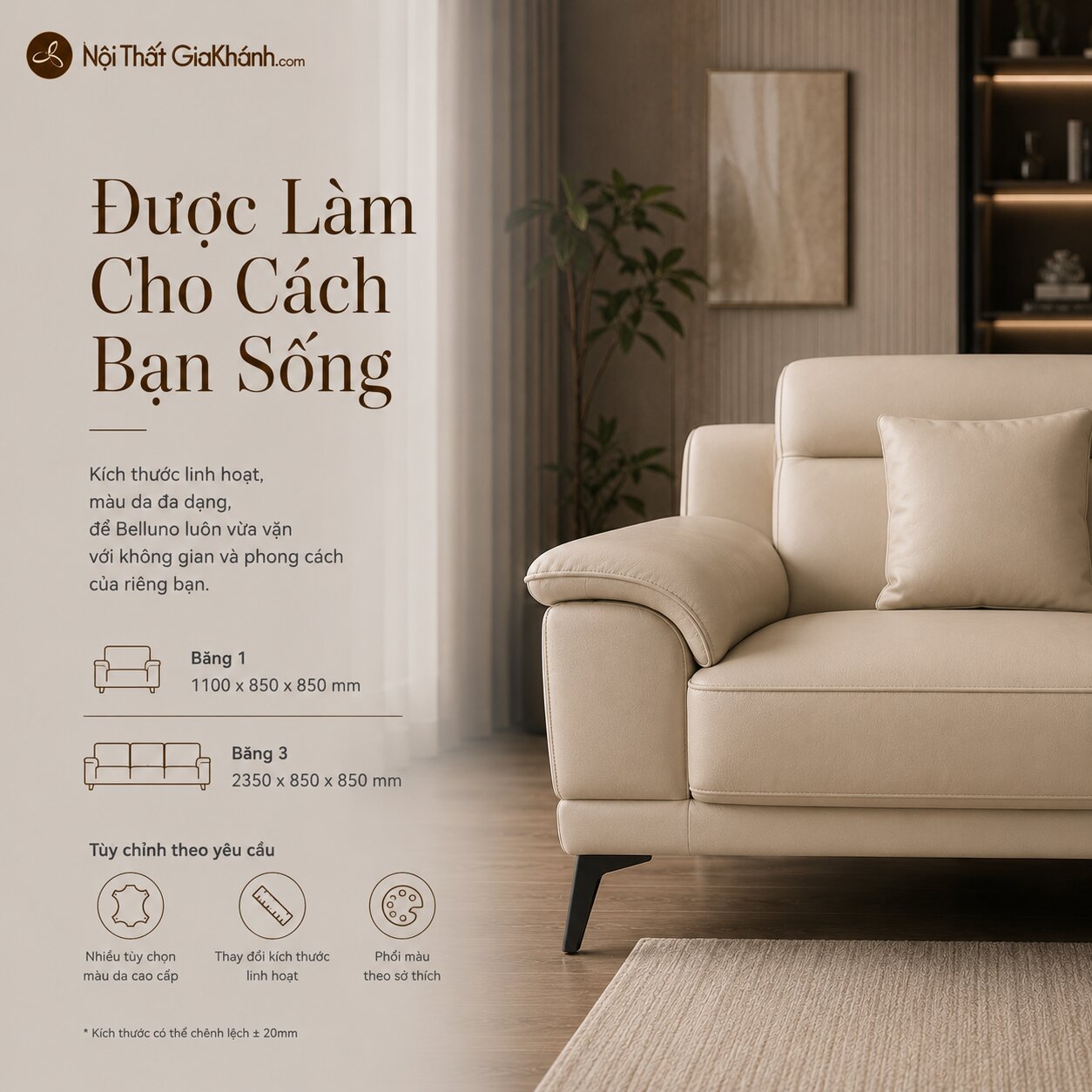 Góc chụp cận cảnh một phần sofa băng Belluno SB01 màu kem, cho thấy chất liệu da mềm mại và đường nét thiết kế tối giản. H…