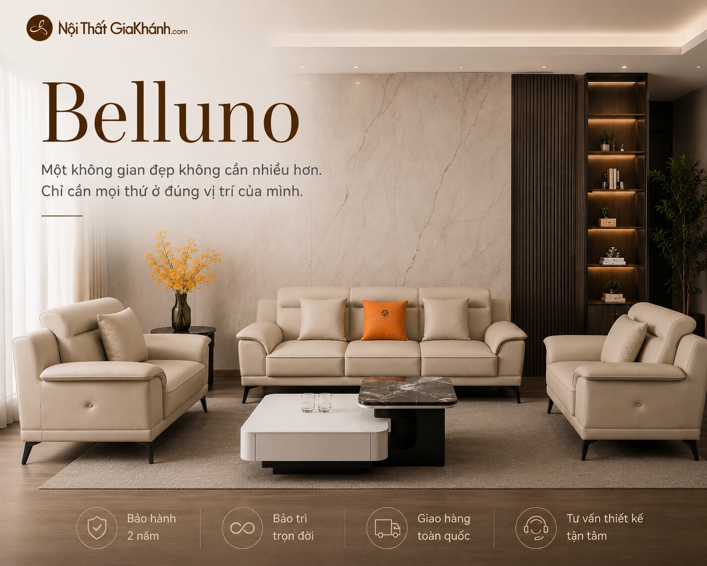 Bộ sofa da Belluno SB01 màu kem được bài trí trong phòng khách sang trọng, với ánh sáng tự nhiên và đèn trang trí ấm áp. S…