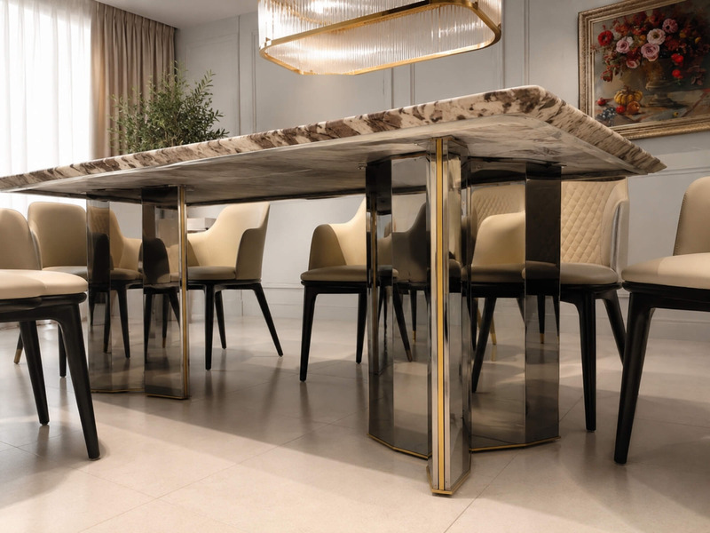 Góc chụp thấp cận cảnh chân bàn ăn MIRROR PRISM BA802 và mặt bàn đá cẩm thạch nhân tạo dày dặn. Chân bàn hình khối bằng gỗ…