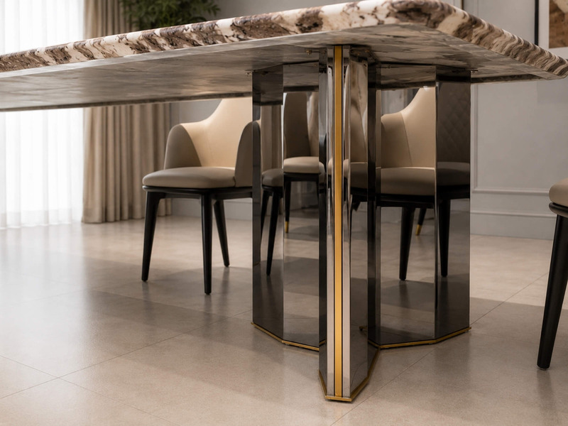 Góc chụp cận cảnh chân bàn ăn MIRROR PRISM BA802 từ phía dưới, tập trung vào cấu trúc và chất liệu. Chân bàn hình khối bằn…