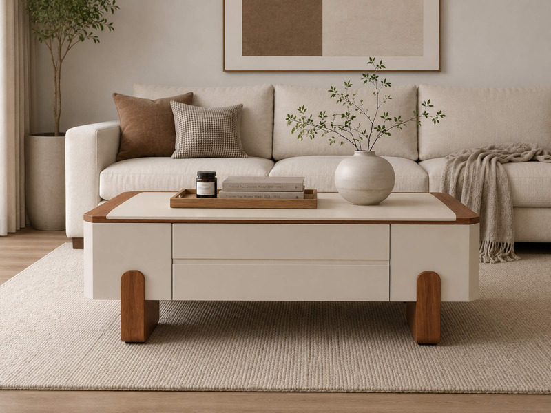 Bàn trà HARU BT8602 được chụp chính diện trong bối cảnh phòng khách hiện đại, với sofa màu be và gối tựa nâu phía sau. Mặt…